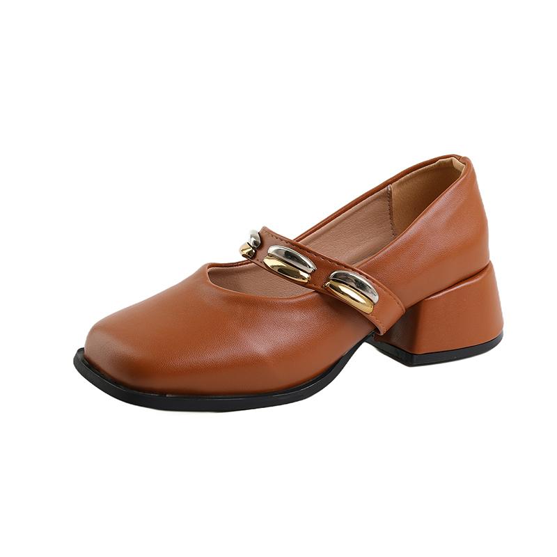 

Fashion Single Shoes Autumn New Square Toe Shallow Mouth Metal Buckle Strap Soft Sole Non-slip Block Heel Shoes 35 шоколадный