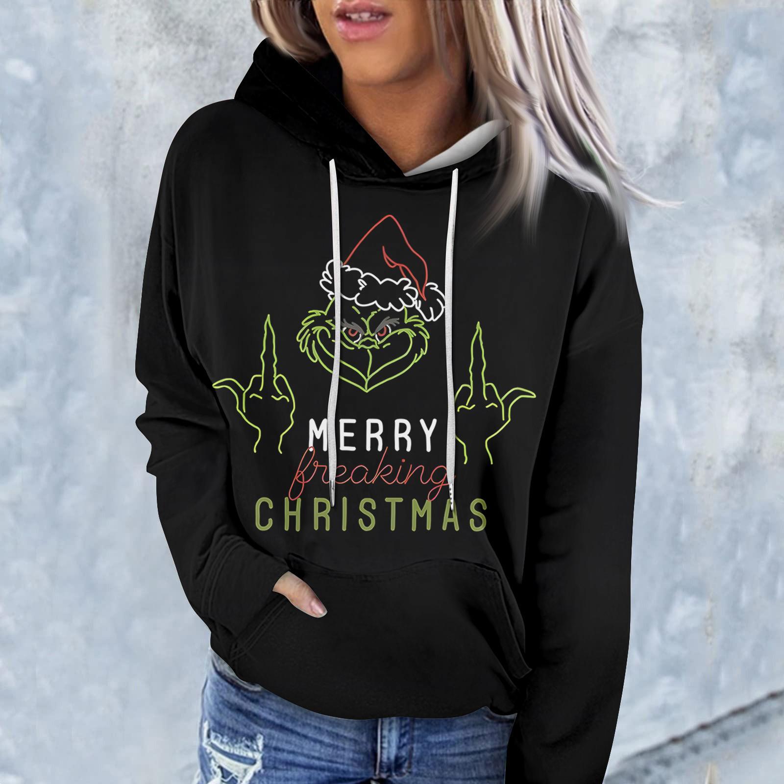 

Женская модная повседневная толстовка с длинным рукавом и рождественским принтом XL чёрный