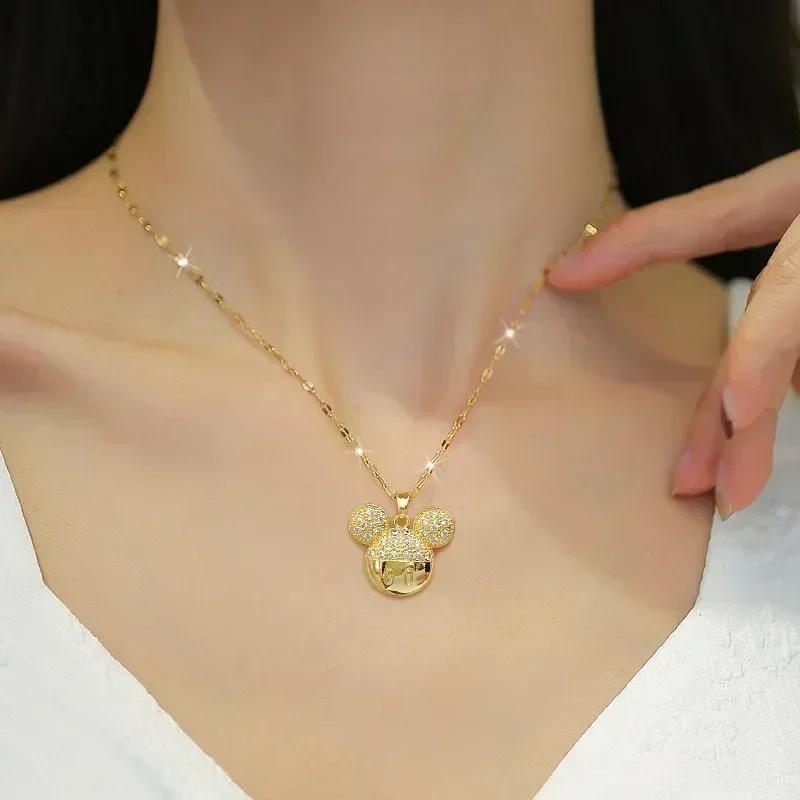 Cartoon Mickey Minnie Mouse Studded with Zircon Necklace for Women Girl Stainless Steel Chain Sweet Gift for Friends Fans