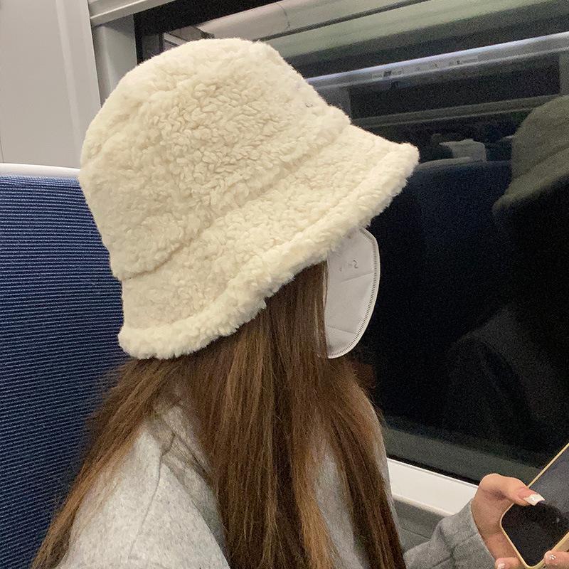 Embroidered Cartoon Bear Lamb Velvet Fisherman Hat Korean Style Trendy Winter Travel Versatile Warm Fashionable Sweet Pot Hat