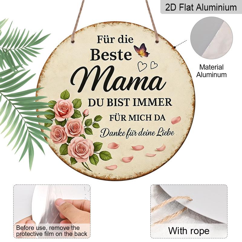 2D Flat, 1pc Vintage Aluminum Sign (7.87''x7.87''), German Best Mom Warm Quote with Rose Petals Plaque, Ideal for Bedroom Living Room Dining Room
