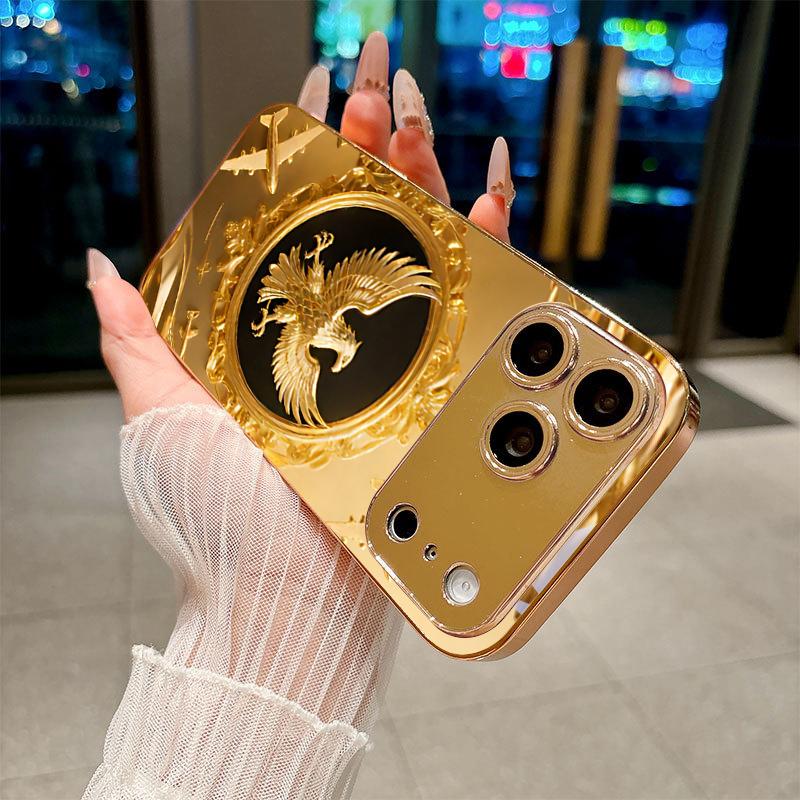 Eagle Pattern Art Electroplated Golden Phone Case For iPhone 17Air 17 16 15 14 13 12 11 Pro Max Plus 16E XR 7 8 X Xr Glass Cover