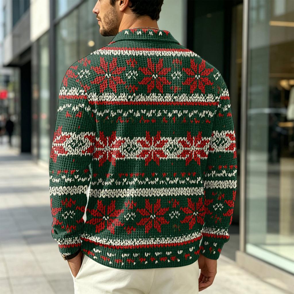 Herren Herbst Strickpullover mit Kragen und Tasche, Weihnachtsdruck Langarm Freizeit Oberteil