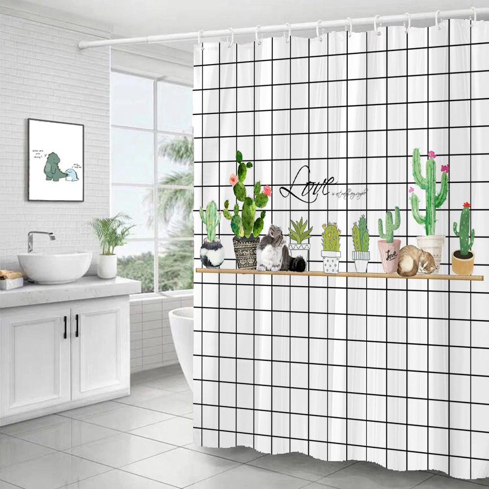 Tropical Plant Cactus Shower Curtain 180Cm *180Cm With Hooks, Floral Waterproof Shower Curtain, Shower Curtains For Bathroom