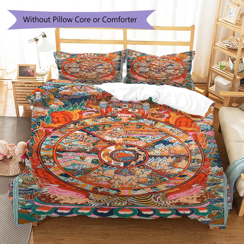 Buddhism Wheel Pattern Bedding Quilt Set Quilt Cover Pillowcase Home Decoration Gift (1 * duvet cover + 2 * pillowcase, without core)