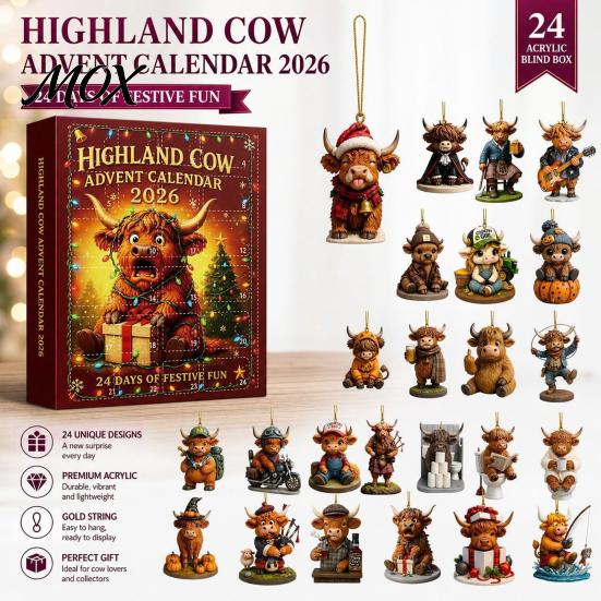 Acrylic Holiday Tree Decorations 2026 Highland Cow Advent Calendar, 2D Flat Festive Collectible Pendants Ornaments, 24 Days Christmas Countdown