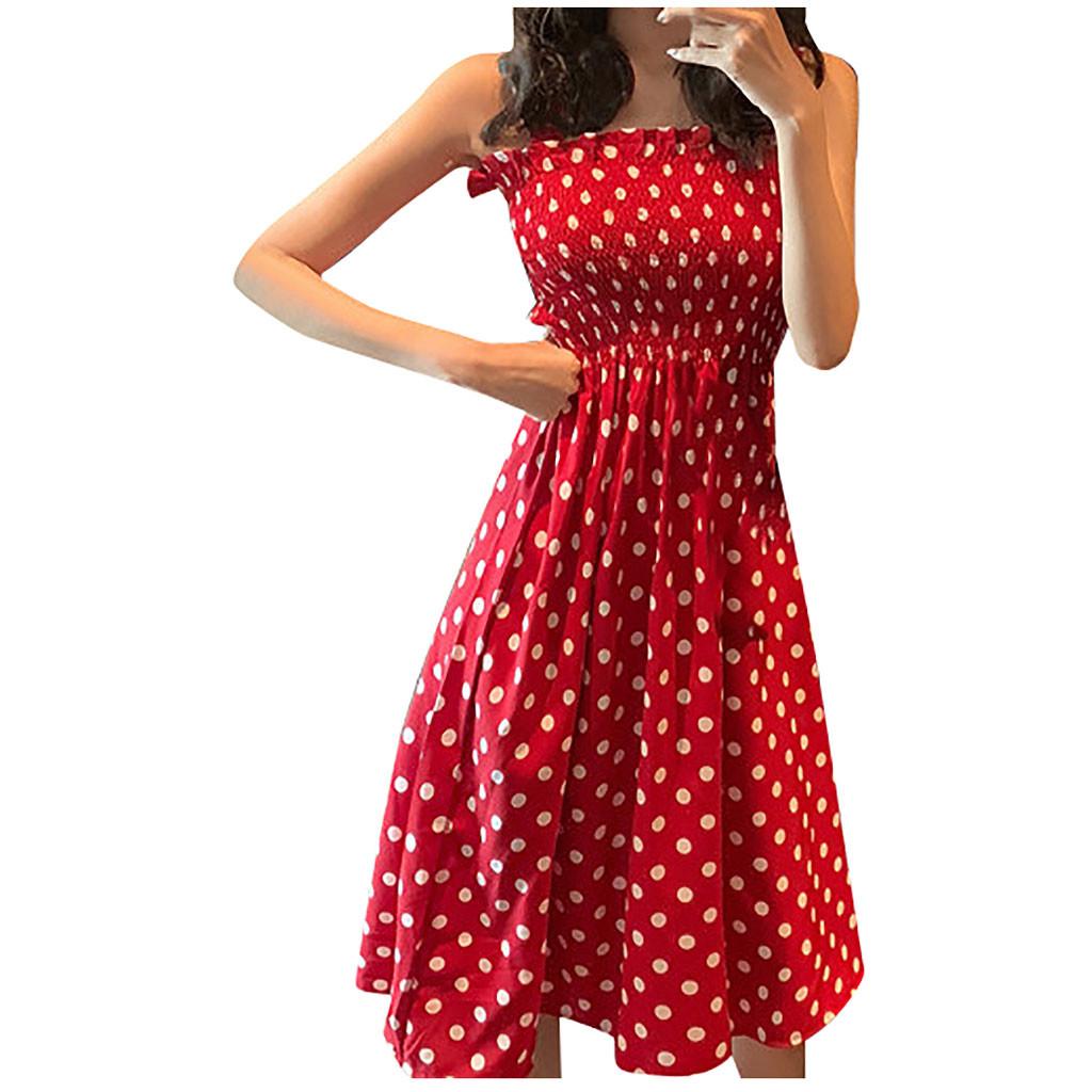 Fashion Women Loose None Sleeve Polka Dot Shoulder Plus Size Casual Dress