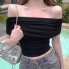 Ins Pure Desire Sexy One-word Shoulder Short Open-button Top for Women's Summer New Slim and Thin Spice Girl Top for Women