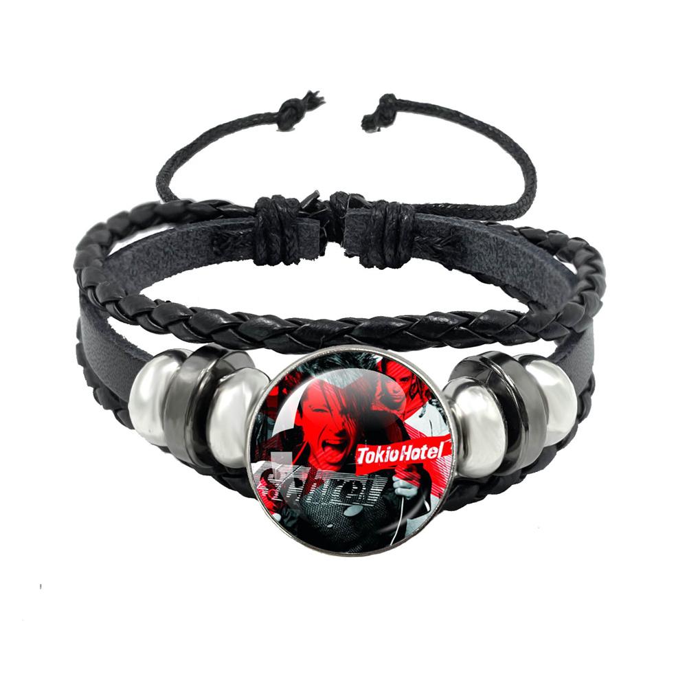 Pop Retro Rock Band Tokio Hotel Bill Kaulitz Band Black Rope Button Glass Cabochon Leather Bracelet Jewelry Charm Fans