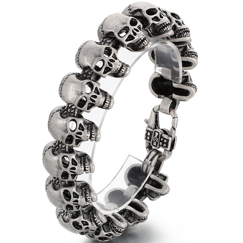 

Готичні панк-ювелірні вироби. Чоловічий браслет із ланцюжком із повною черепною головою для чоловіків. Чорний, старий, сріблястий. Чоловічі браслети з нержавіючої сталі. 19CM старий срібного кольору