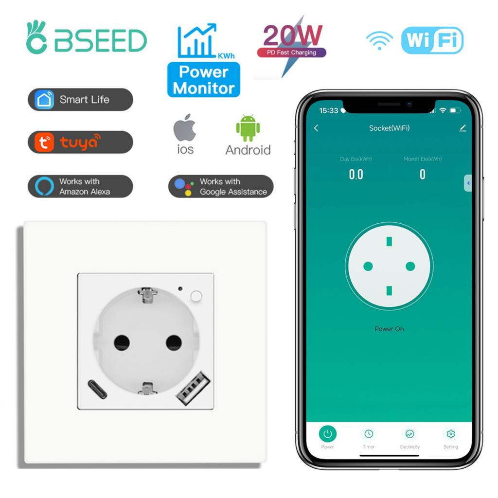 BSEED Wifi EU Socket With Normal Type-c USB Fast Charging Ports Smart Sockets Support Tuya Smart Life Alexa App Plastic Frames
