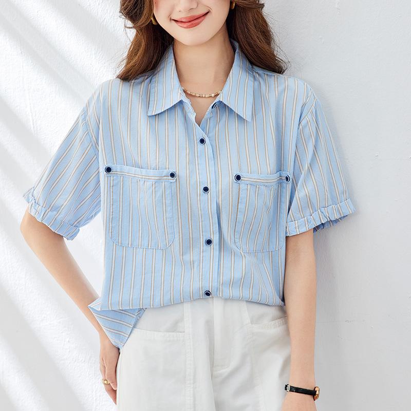 

Синяя полосатая рубашка для женщин Летняя новая блузка с коротким рукавом Свободная приталенная Повседневная женская рубашка L