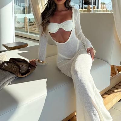 Beach Dress, See-through Sexy Solid Color Long-sleeved Backless Knitted Long Dress, Smock