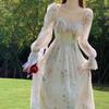Damenkleid Frühling und Sommer Neu Langärmelig Bedruckt Floral Chiffon Langes Kleid Damen Französischer Stil Elegant Quadratischer Ausschnitt Damenkleider
