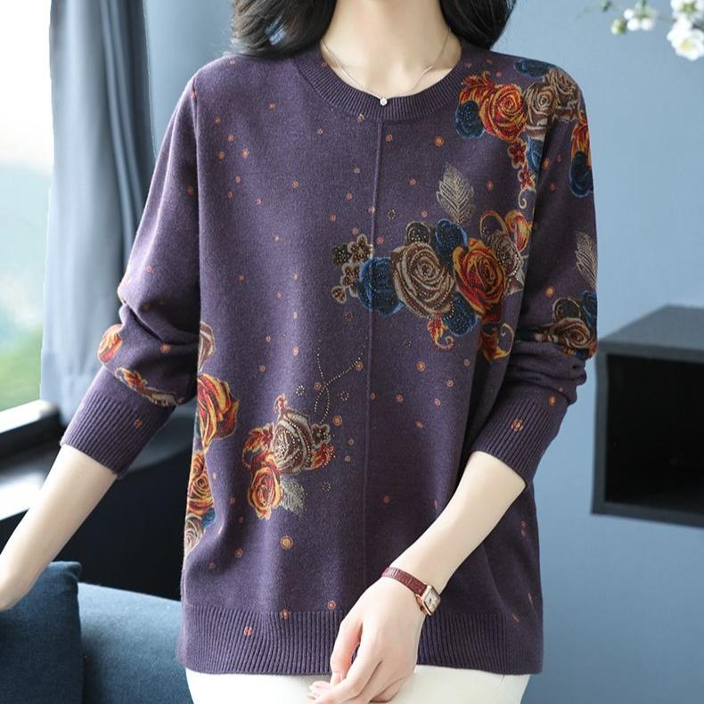 Women's Printed Wool Sweater Loose-Fit Crew Neck Plus-Size Sweater Autumn and Winter Warm Soft Stretchy Knit Top