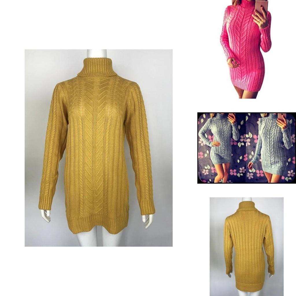 Vestito Sexy Autunnale e Invernale in Maglia Vestibilità Aderente e Collo Alto Design a Treccia