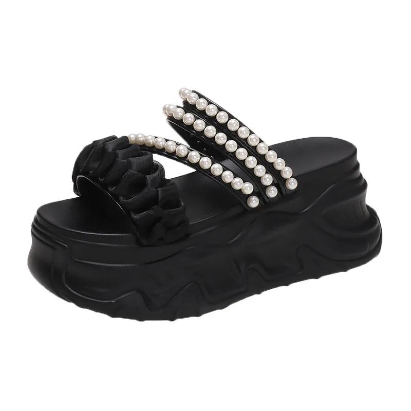 

Fashion 8CM Summer Casual High Platform Sandals Women Buckle Strap Slippers Thick Bottom Pearl Sandalias Woman Chunky Beach Shoes Mujer 39 чёрный