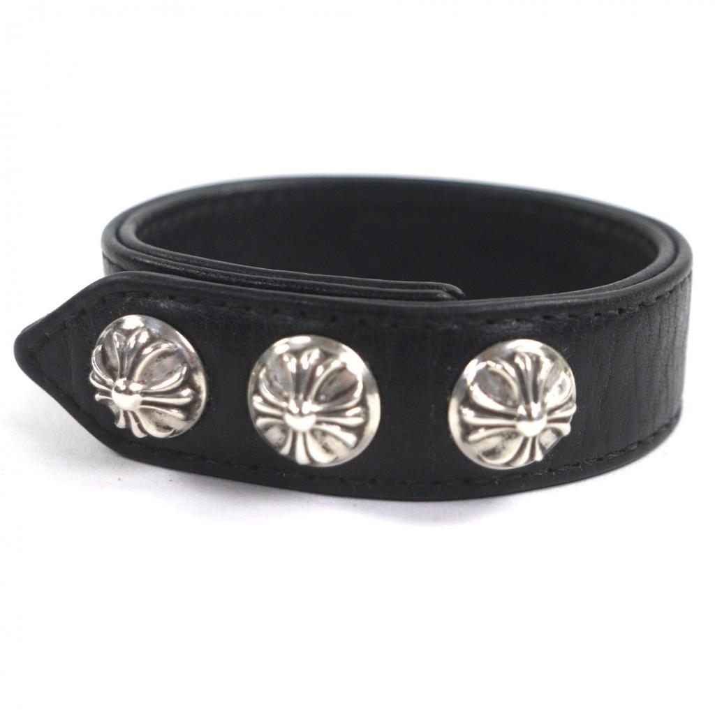 Tolles CHROME HEARTS Armband 3 Knöpfe 2 Druckknöpfe Schwarzes Silber Leder Herren Gebraucht