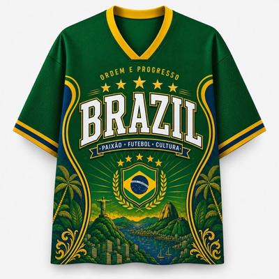 2026 Five Star Brazilian Fan Uniform Football Print Breathable V-neck Mesh Football T-shirt Is A Must-have for Fans