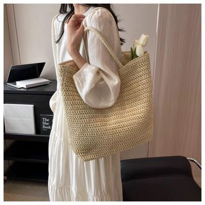 Simple and Large-capacity Straw Woven Bag New Versatile Woven Bag Shoulder Tote Bag Seaside Vacation Beach Bag Women's Bag