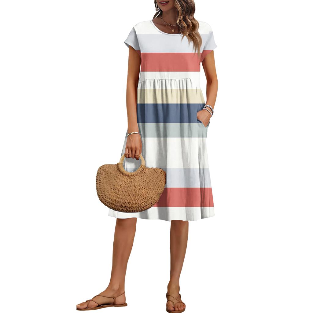 Women's Summer Fashion Casual Round Neck Short Sleeve Striped Print Dress