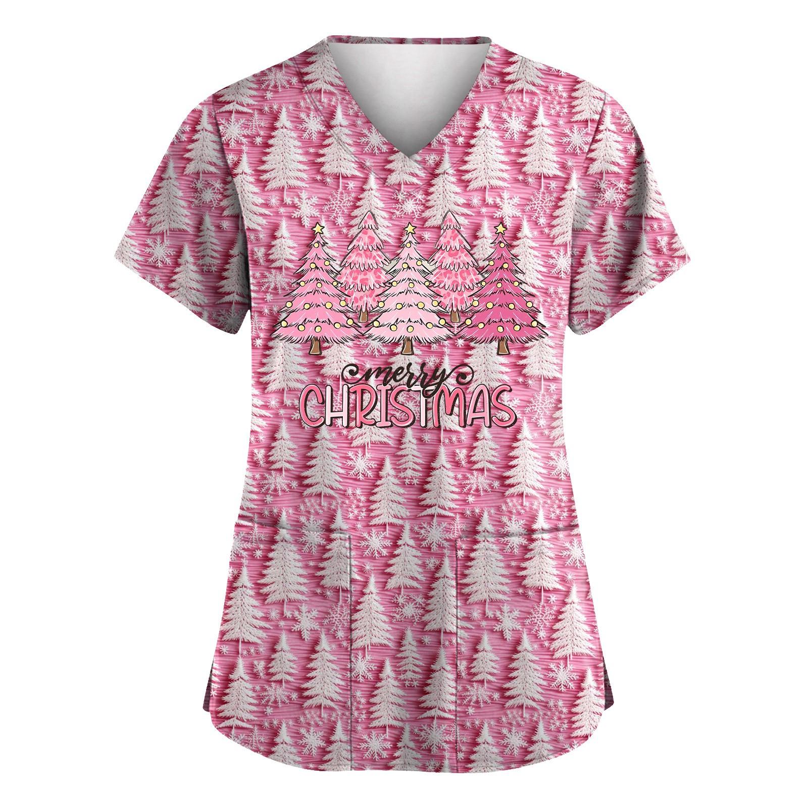 

Большие размеры Рождественский принт Рабочая униформа Топы для женщин V-образный вырез Короткие рукава Футболки рабочая одежда Футболка с карманами XL