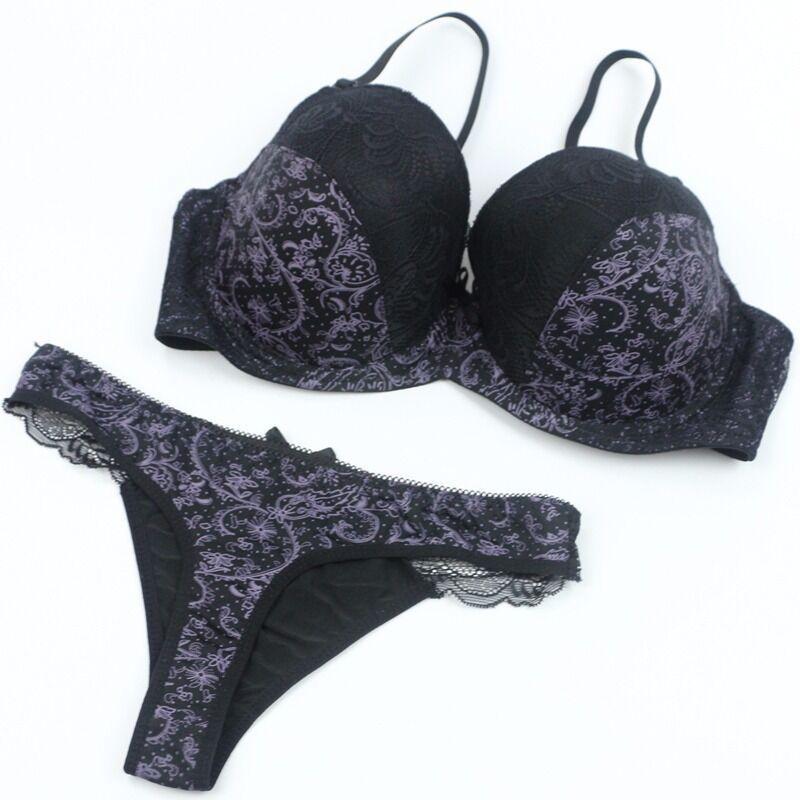 Flower Lace Womens Padded Bra Plunge Set Ladies Underwear Panties Sets Up Push