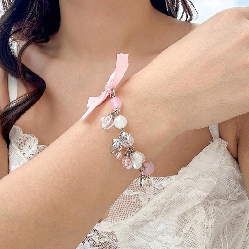 Faux Pearls Beaded Bracelet with Bowknot Pendant Butterfly Knot Charm Wristchain Adjustable Length Handchain Ornament