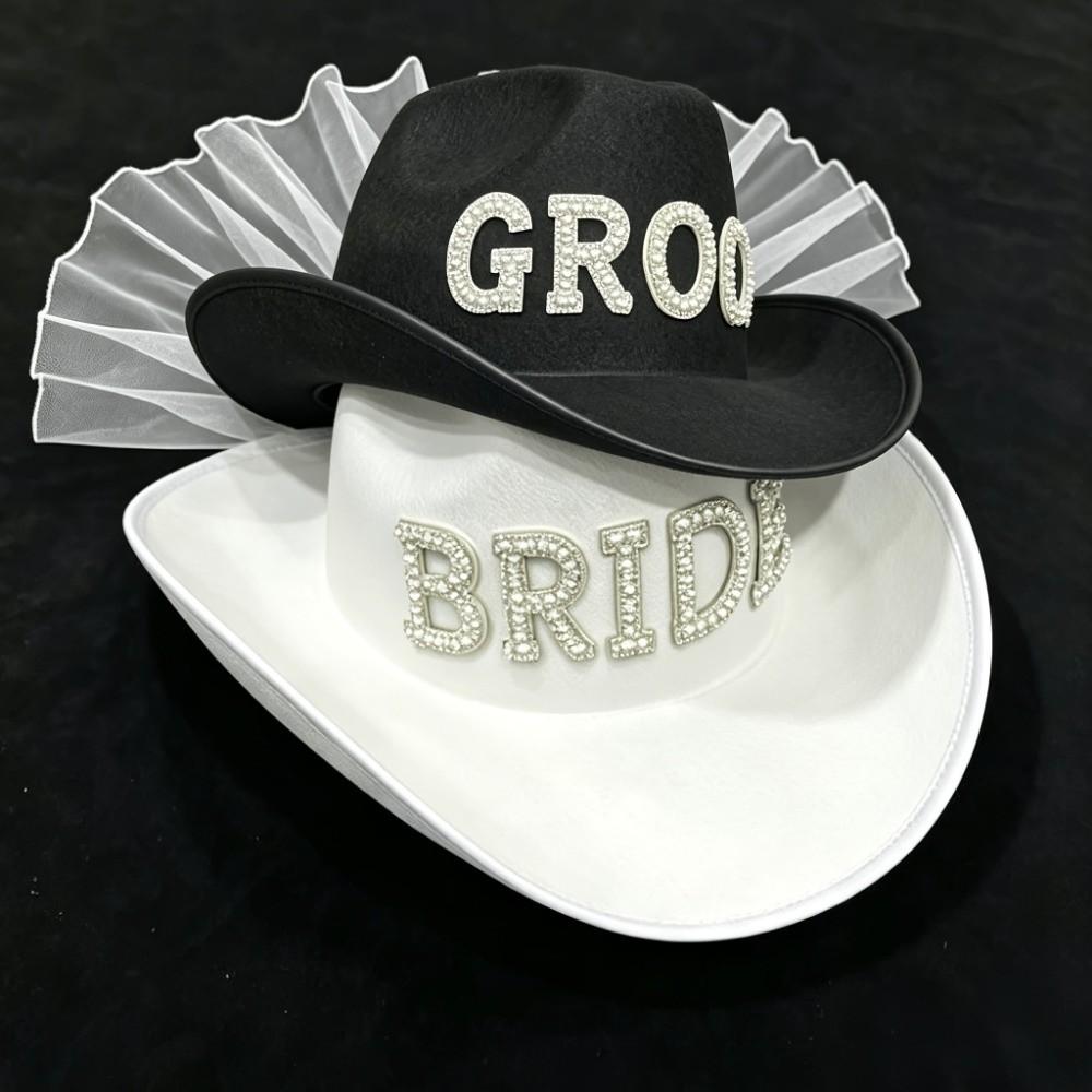 Wide Brim Groom Cowboy Hat Non-woven Fabric Bride Cowgirl Hat Wedding Decoration