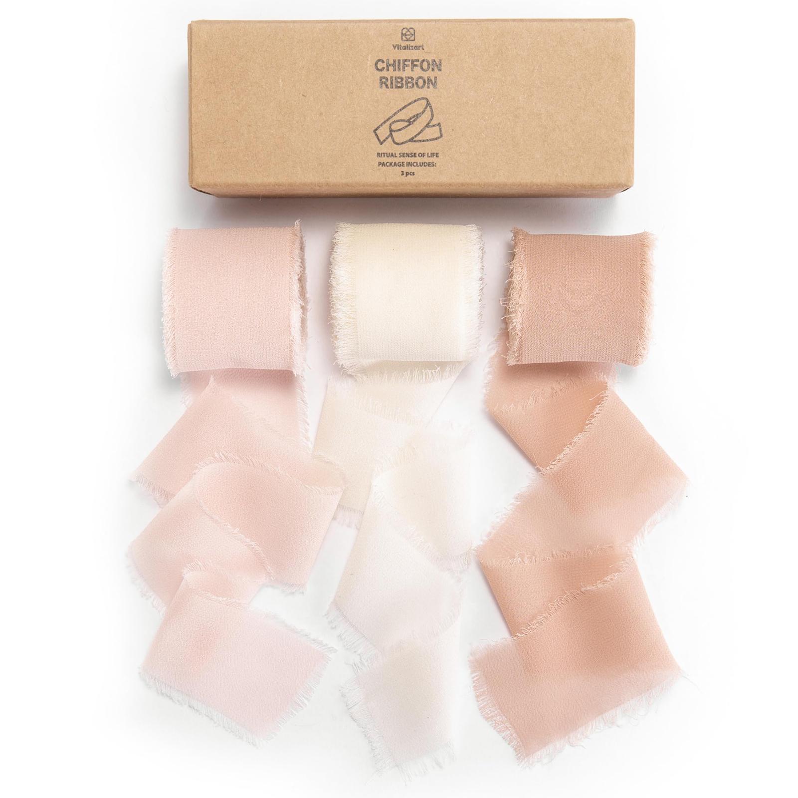 

3 Rolls Handmade Frayed Edged Chiffon Ribbon for Wedding Invitation Wrapping Bouquets Decor Style A