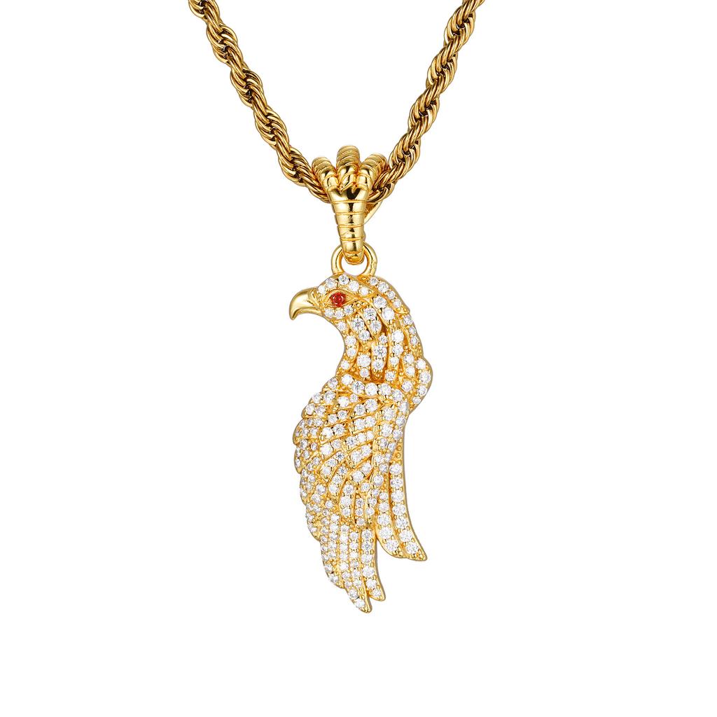 18K Gold Plated Full Pave Moissanite Eagle Pendant Necklace S925 Silver Red Eye Stone Unisex Hip Hop Twisted Rope Chain Jewelry