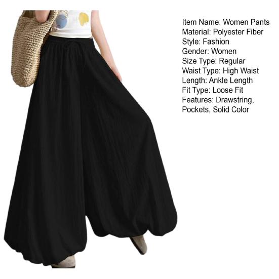 Women Pants Elastic Waistband Adjustable Drawstring Wide Leg Bud Skirt Pants with Pockets Pure Color Loose Fit Summer Pants Daily Wear
