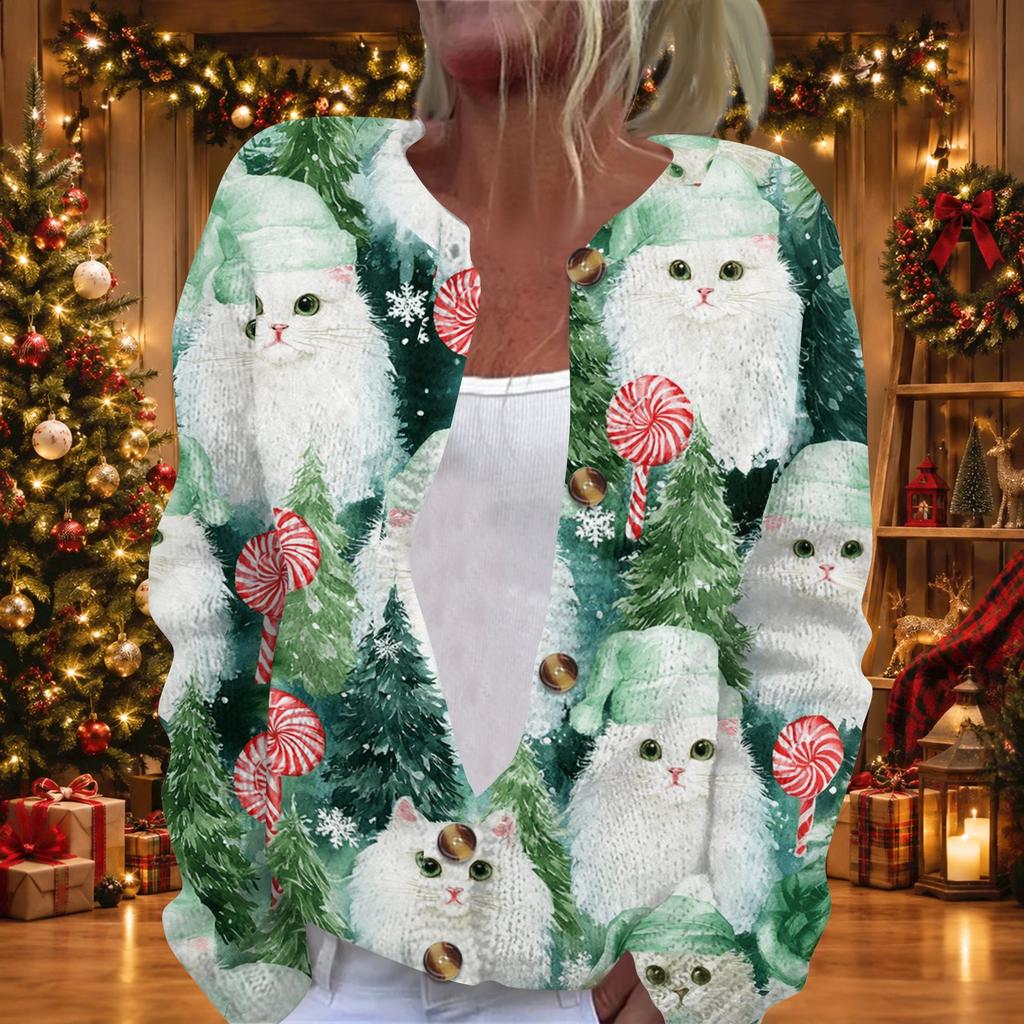 Women's Christmas Print Long Sleeve Knit Cardigan Button Front Sweater