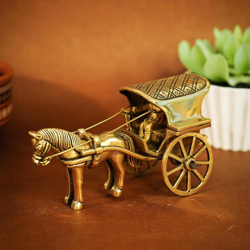 100% Pure Brass Horse Cart For Home Décor, Tanga Showpiece, Golden Color