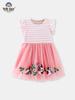 2026 Frühling/Sommer gestreiftes Rüschenärmelkleid für Mädchen mit Tierstickerei und Netzrock