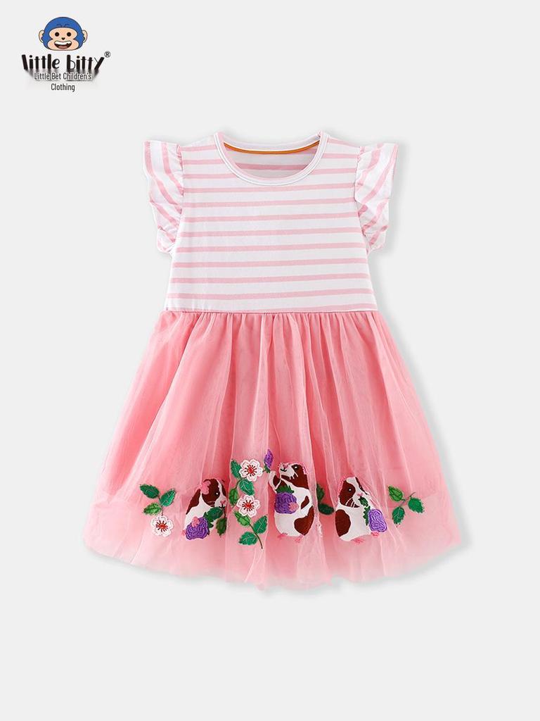 2026 Frühling/Sommer gestreiftes Rüschenärmelkleid für Mädchen mit Tierstickerei und Netzrock