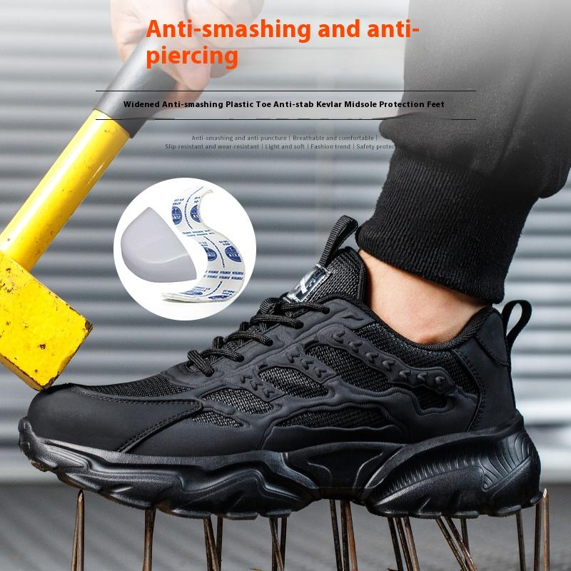 Fashion Black Work Shoes Breathable Mesh Steel Toe Safety Shoes for Men Lightweight Safety Work Sneakers Non-slip Labor Protection Shoes