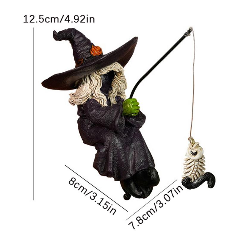 Halloween Witch Fishing Skeleton Fish Statue Outdoor Garden Pond Fisherman Statue Witch Statue Halloween Decorations