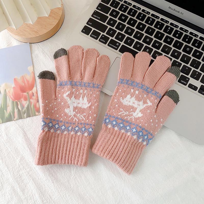 Damen Winter Warme Touchscreen Handschuhe - Dickes Samtstrick mit Niedlichem Elchmuster für Outdoor Radfahren