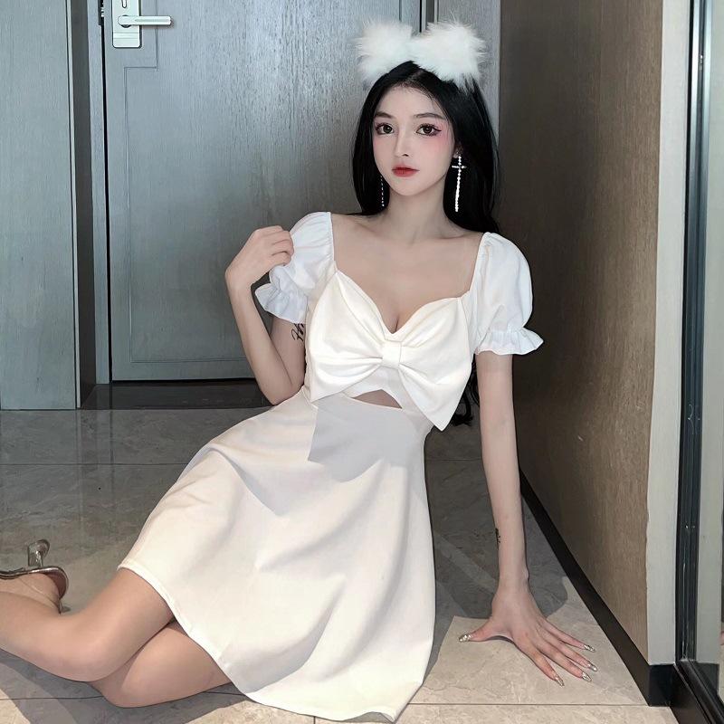 Summer new sexy temptation bow V-neck pendulum dress trendy fashion design sense niche S белый