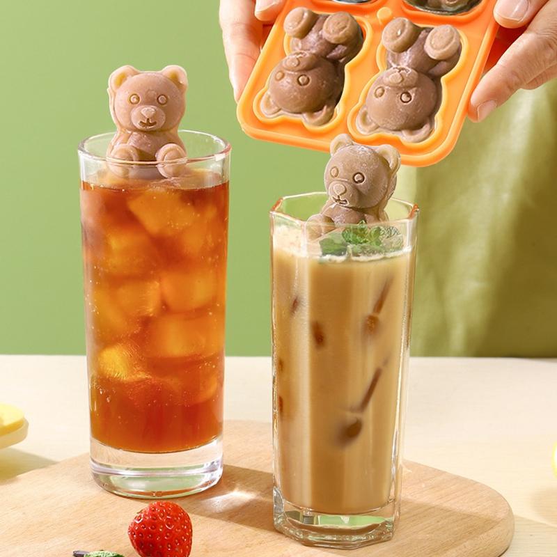 Bear Ice Mold Silicone 4 Grid Ice Tray Diy Home Kitchen Ice Cube Tray Frozen Coffee Milk Tea Ice Molds Cocktails Kitchen Tool