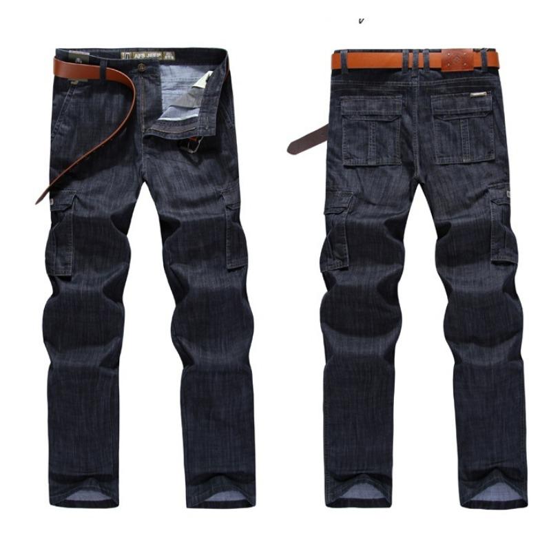 Four Seasons Men's Tooling Jeans Straight Loose Multi-pocket Long Pants Men