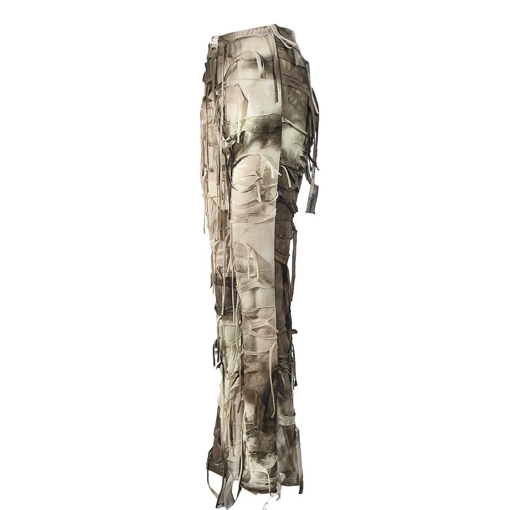 Neue Damen Herbst Tie-Dye Ausgefranste Jeans, Distressed Design Boho Streetwear Lässige Denim-Hose mit Fransen-Saum, Künstlerische Baggy-Hose