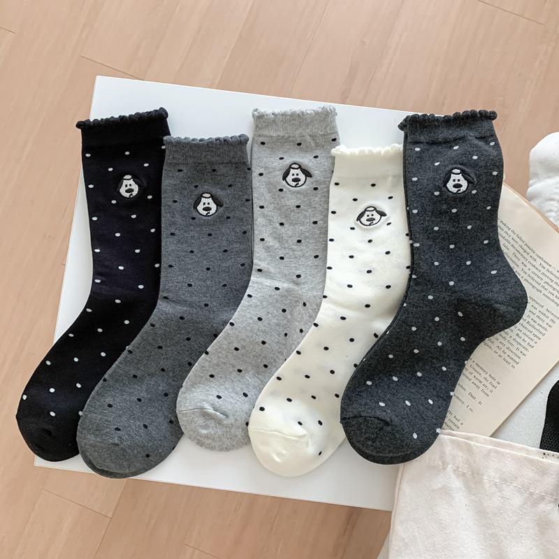 Japanese Style Women's Mid-Length Dot Puppy Embroidered Cotton Socks - Breathable & Sweat-Absorbent for Autumn & Winter