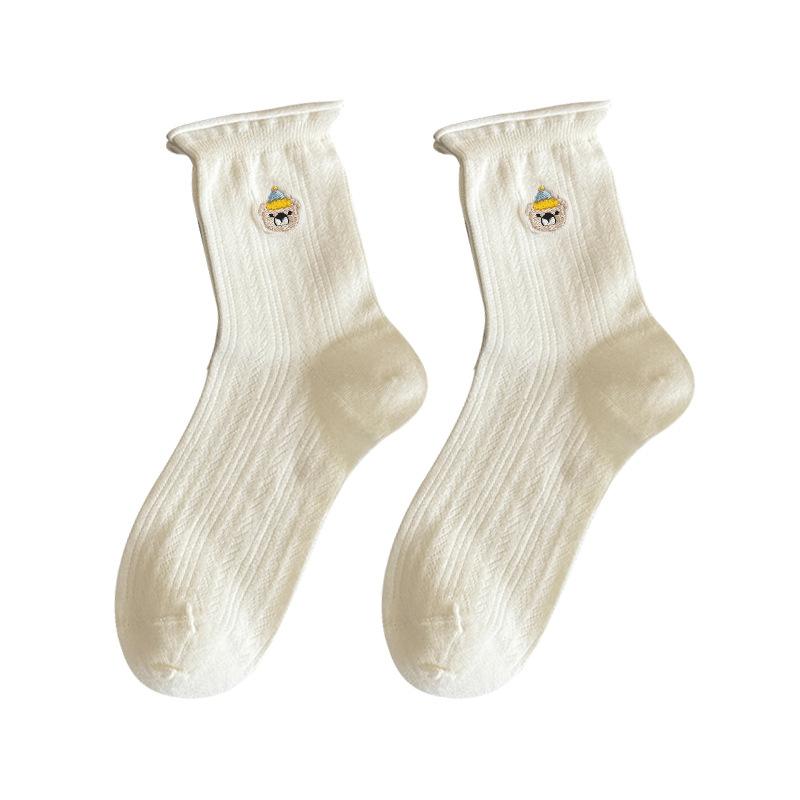 Female Spring and Summer Thin Style All Match Lovely Embroidery Solid Color Cartoon Roll Edge In Tube Cotton Socks
