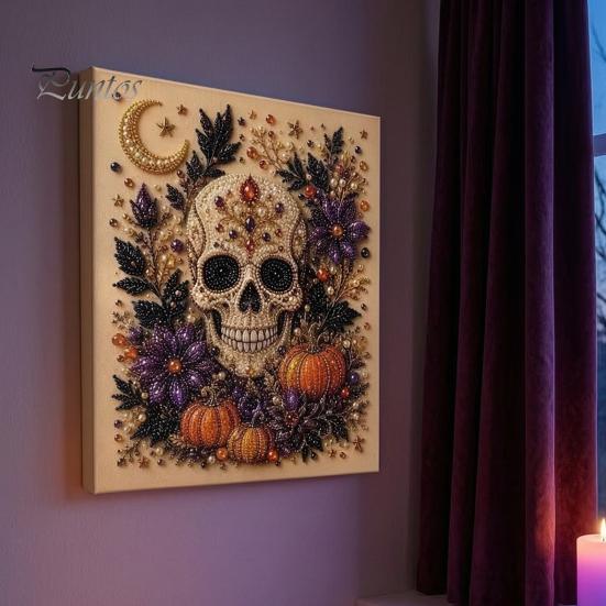 Festliche Kunst mit Kunstperlen für die Heimdekoration 2 Stück Halloween-Kunst, Geist Kürbis Hexe Krähe Malerei DIY Entspannendes Bastelset, 3D Schädel Basteln