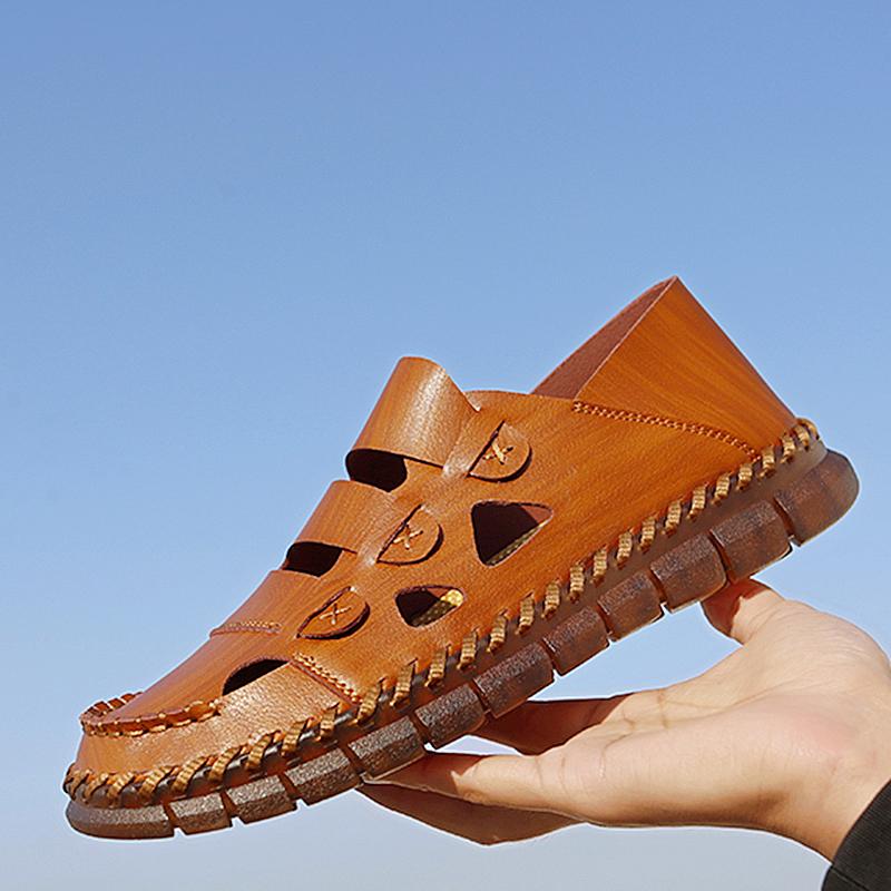New Arrival Leather Male Hollow Out Beach Shoes Comfortable Walking High Quality Summer Handmade Sandals Mens Slip on Sandals