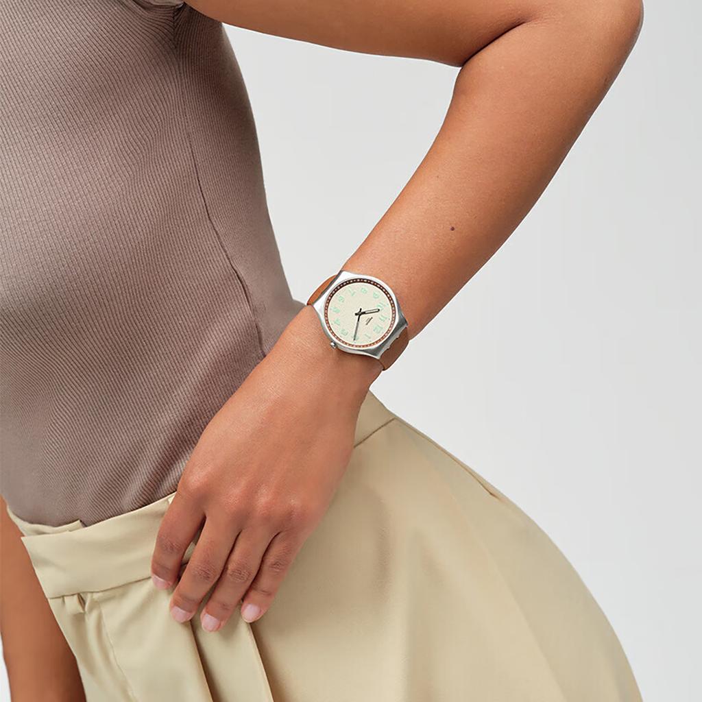 SWATCH SKIN IRONY series quartz movement simple brown tone fashionable luminous watch 43mm beige dial stainless steel case leather strap SS07S135