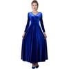 Women Evening Dress Golden Velvet V Neck Pleated A-line Pure Color Long Sleeves Full