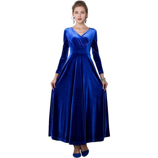 Women Evening Dress Golden Velvet V Neck Pleated A-line Pure Color Long Sleeves Full